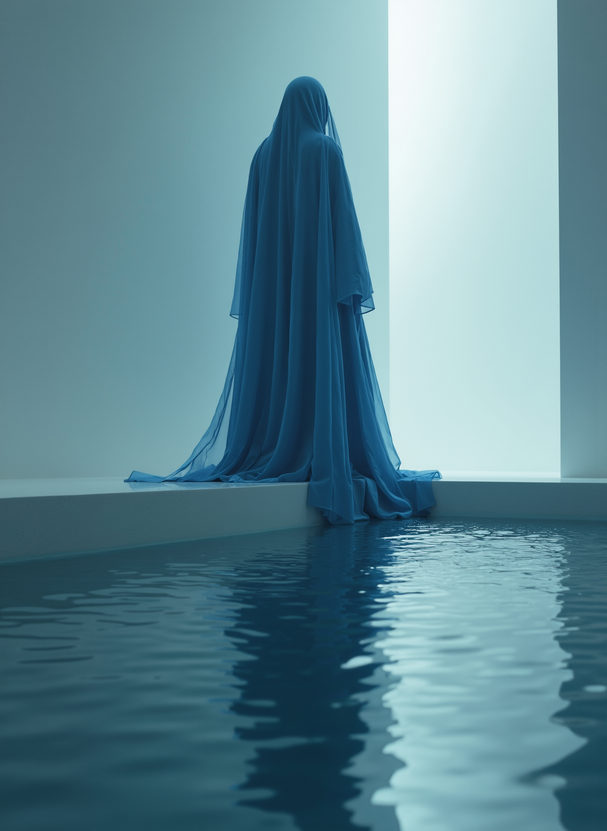 00223-flux1-devThe Azure Veil_ The cloaked figure stands at the edge of a pool of water inside a minimalistic, white room. The cloak is a rich.png